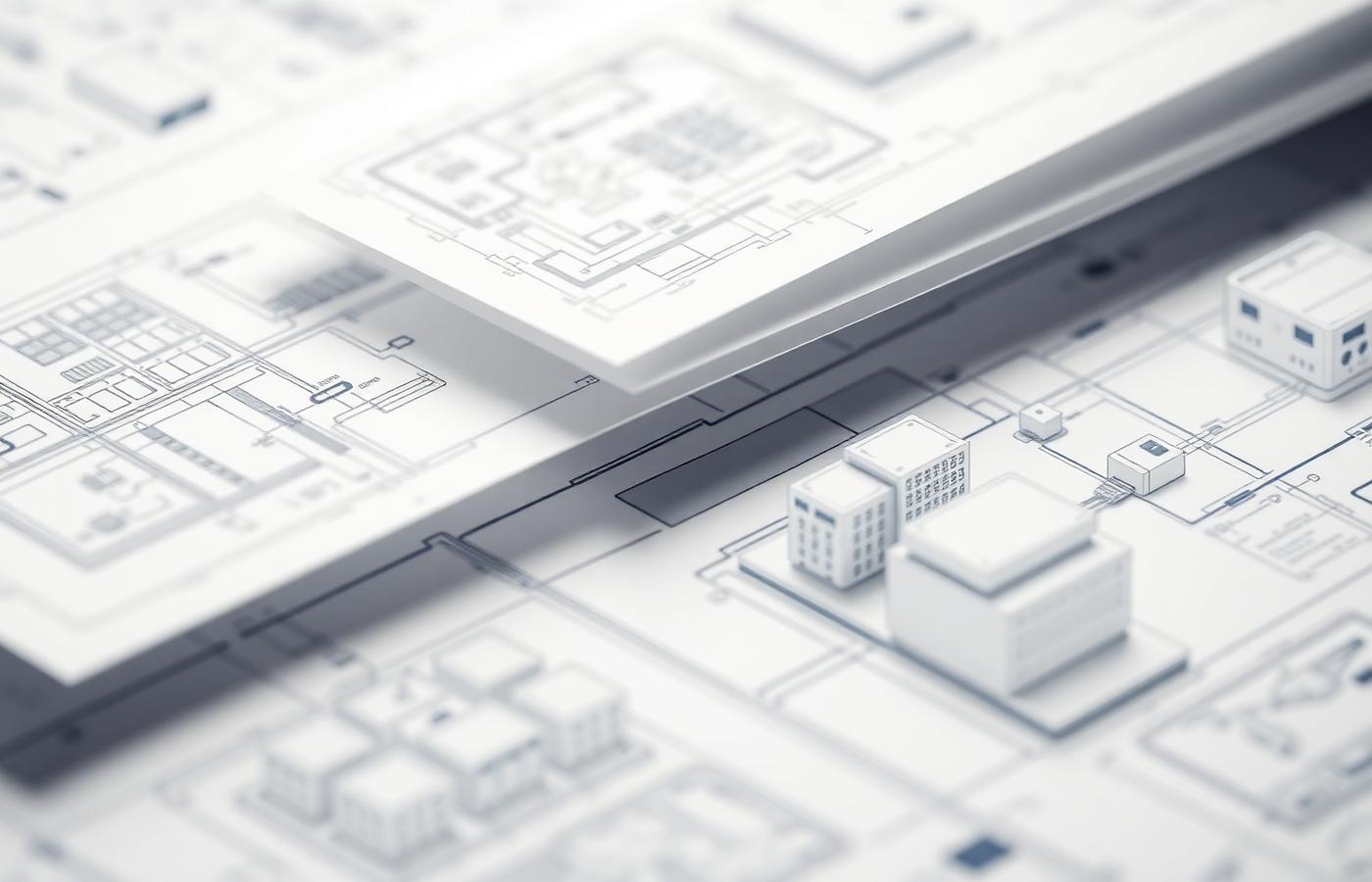 Layered architectural blueprints of cloud infrastructure with isometric server diagrams.