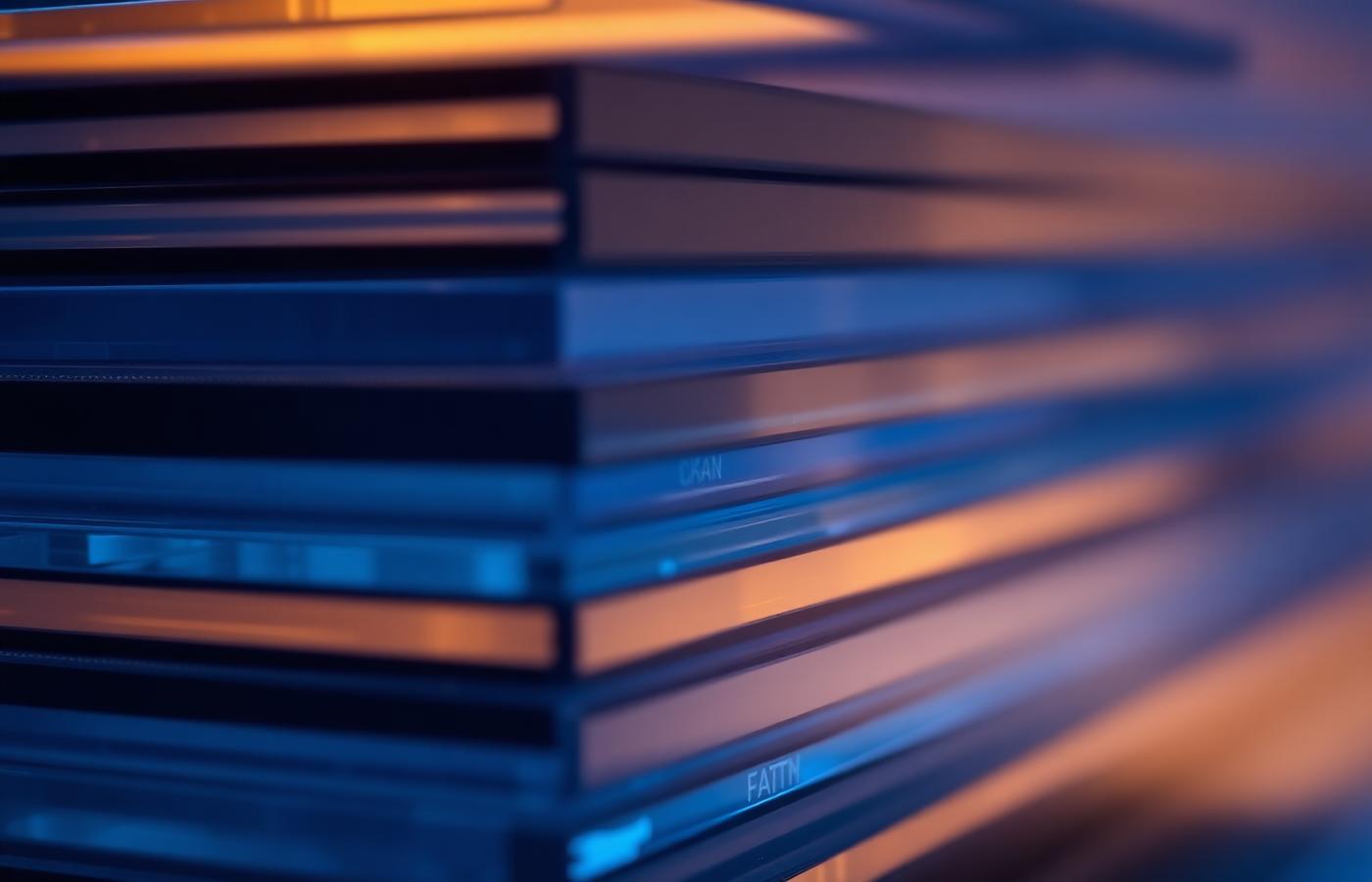 Macro photograph of stacked translucent glass panels lit from behind, evoking layered software systems.