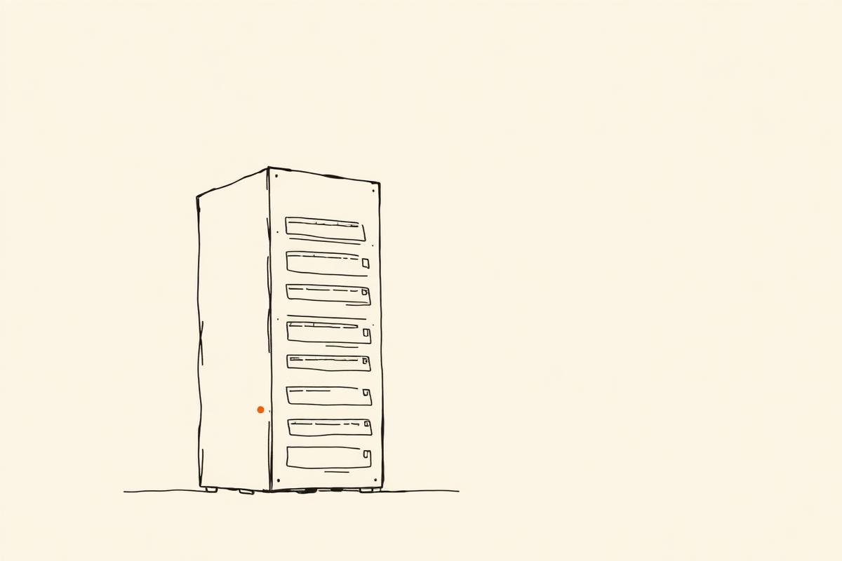 Ink line drawing of a server rack on warm off-white paper with a small orange indicator.