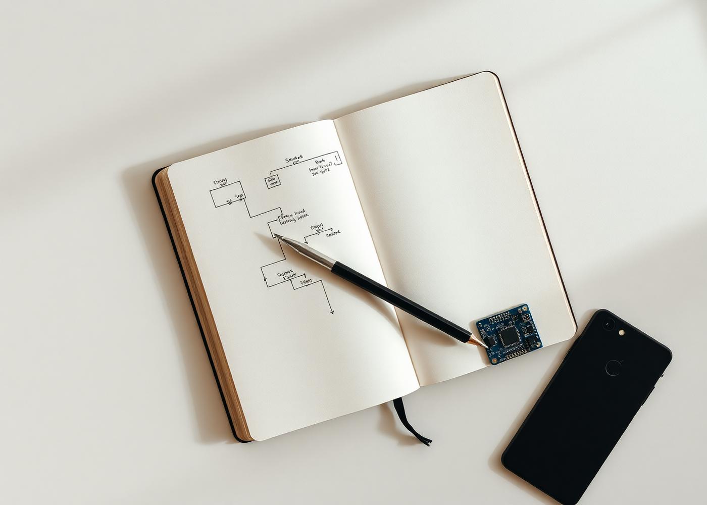 Overhead view of a notebook with hand-drawn system diagrams, pencil and a small circuit board.